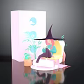 Witch Hat Girl On Pink Chair With Pink Box Moon Plant Pattern And Green Plants