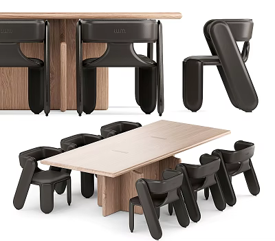 Modern Wooden Dining Table Set With Sleek Black Chairs And Natural Wood Finish 3d model
