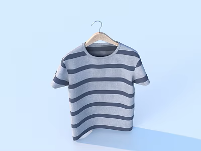 Blue and Gray Striped Short Sleeved T shirt on Wooden Hanger Against Gray Background 3d model