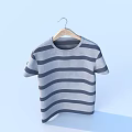 Blue and Gray Striped Short Sleeved T shirt on Wooden Hanger Against Gray Background