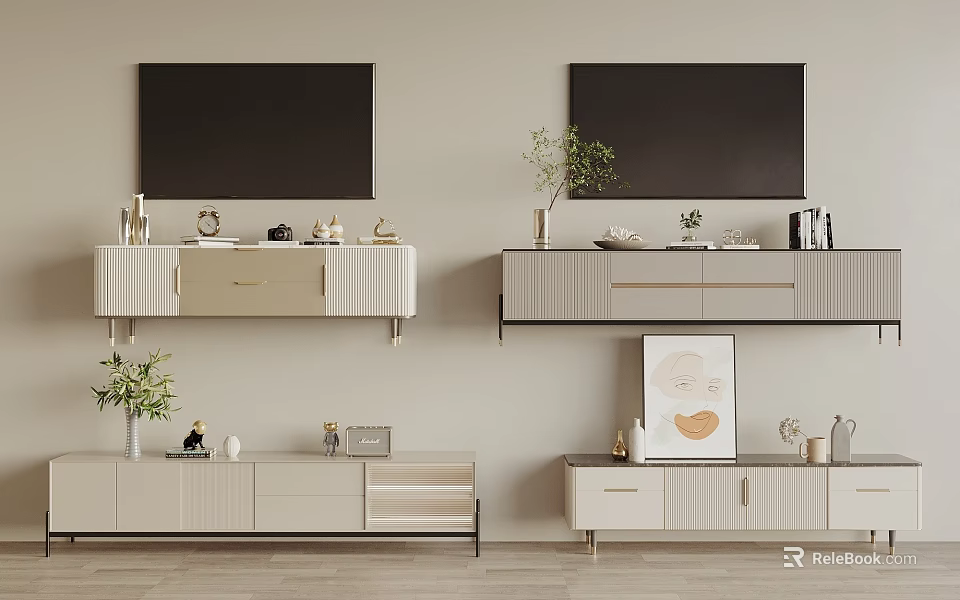 Modern Minimalist TV Stand Featuring TV Decorations Green Plants and Storage Drawers 3d model 