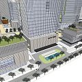 Modern High Rise Office Buildings With Urban Green Spaces Plaza And Water Features