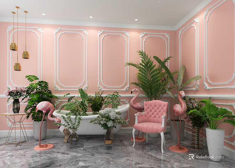 Bonsai Potted Plants In Pink Interior With White Trim Flamingo Decor And Marble Floor 3d model 