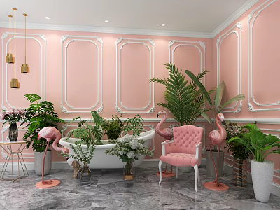 Bonsai Potted Plants In Pink Interior With White Trim Flamingo Decor And Marble Floor 3d model