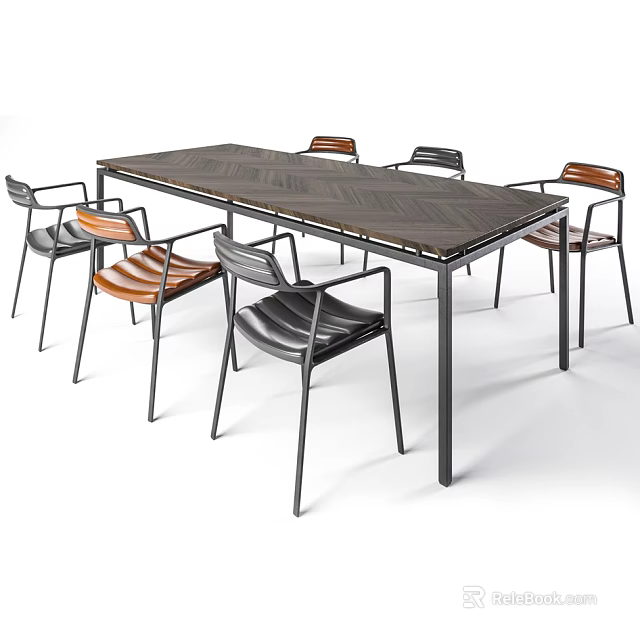 Modern Wooden Dining Table with Metal Legs and Six Striped Chairs Set 3d model 