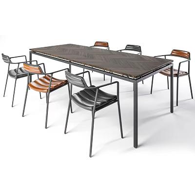 Modern Wooden Dining Table with Metal Legs and Six Striped Chairs Set 3d model