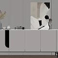 Modern Entryway Console Cabinet Design With White Finish Decorative Vase Pampas Grass And Abstract Painting