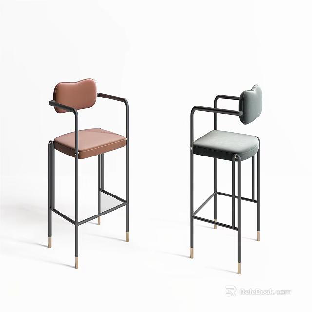 Modern Brown And Gray Bar Stools With Metal Frame And Gold Accents 3d model 