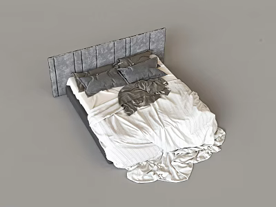 Modern Double Bed With Grey Textured Headboard Grey Pillows And White Bedding 3d model
