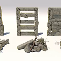 Stone Walls And Wood Logs Stacked In Various Structures For Design Projects 3d model
