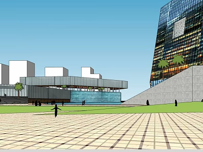 Modern Hotel Building With Glass Facade Plaza Green Grass Area And People Walking 3d model