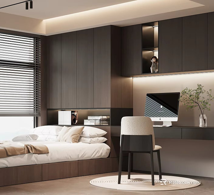 Modern Tatami Bedroom With White Bed Desk Monitor Green Plant And Wooden Wall 3d model 