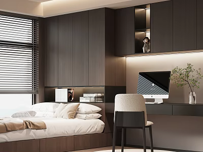 Modern Tatami Bedroom With White Bed Desk Monitor Green Plant And Wooden Wall 3d model