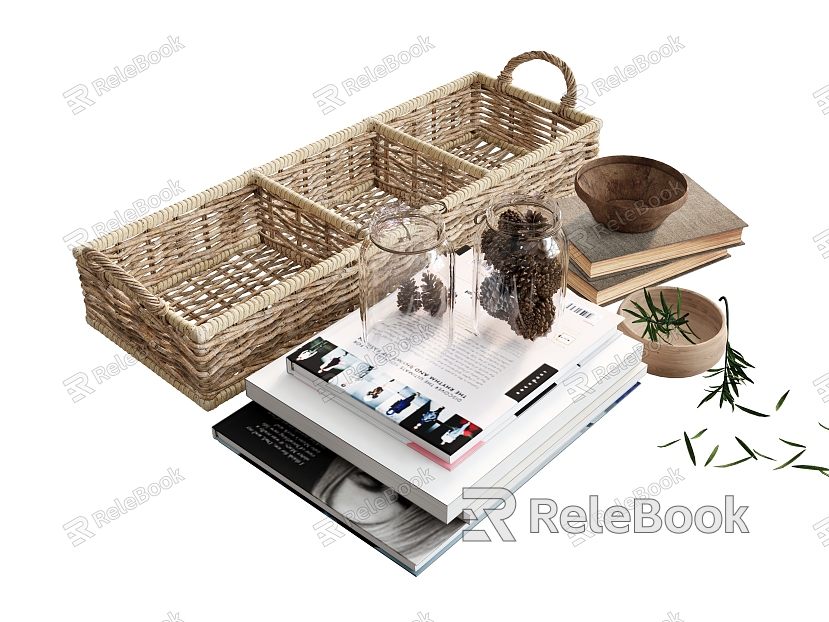 Ornaments Bamboo Basket Bamboo Basket Books Books Glass Bottle Plates Plants model