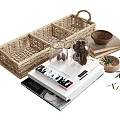Decorative Ornament Set With Woven Basket Glass Jars Pine Cones Books And Wooden Bowl Greenery
