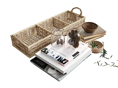 Decorative Ornament Set With Woven Basket Glass Jars Pine Cones Books And Wooden Bowl Greenery 3d model