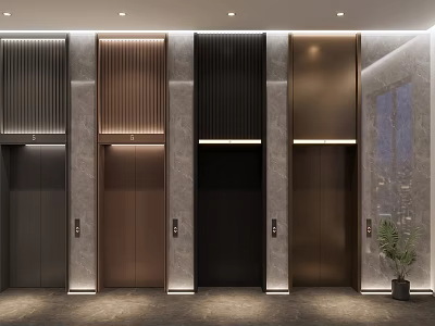 Elegant Hotel Elevator Lobby Interior With Multiple Metallic Elevator Doors And Ceiling Lighting 3d model