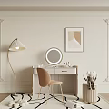 Elegant Dressing Table Setup With Round Mirror Beige Chair Floor Lamp And Framed Wall Art