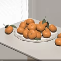 Fresh Ripe Oranges on a Plate on White Table with Green Leaves Near Window Blinds