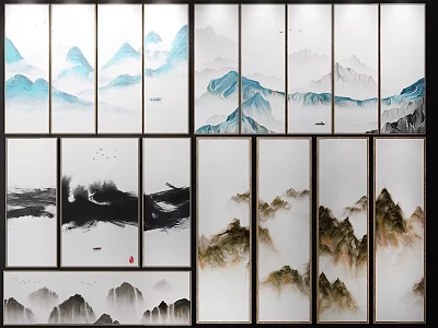 Multiple Chinese Landscape Paintings With Various Ink Wash Mountain And Cloud Scenes 3d model