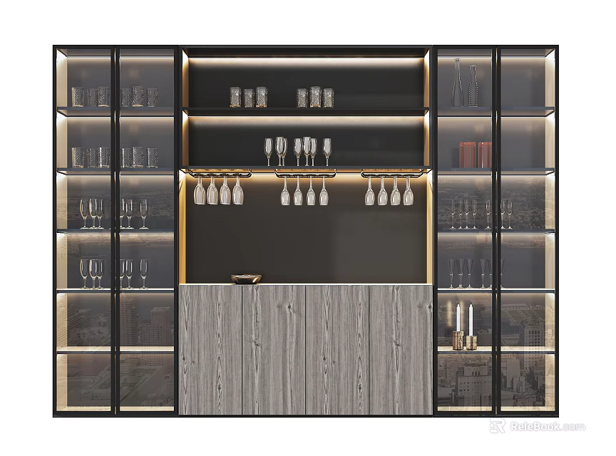 Modern Wine Cabinet With Glass Doors Lighting And Display Shelves For Home Bar 3d model 