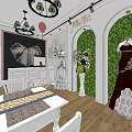 Elegant Bridal Shop With Chandelier White Tables Decorative Paintings Green Arch And Wedding Dresses