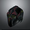 Combat Weapon Helmet With Red Blue Yellow Accents Green Goggle Lenses And Metal Bolt Design