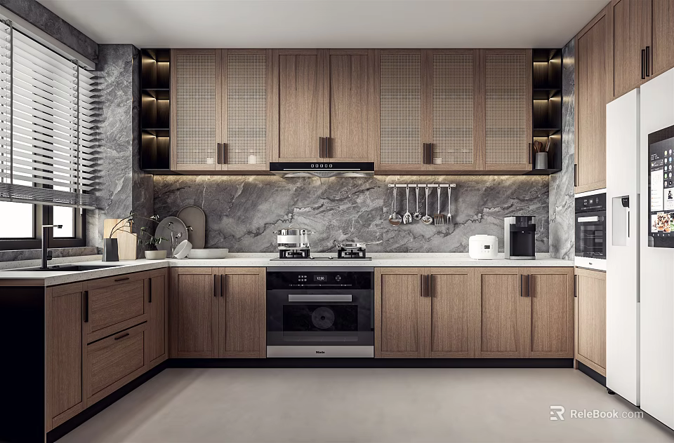 Modern Kitchen Interior Design Featuring Wooden Cabinets Marble Countertops And Integrated Appliances 3d model 