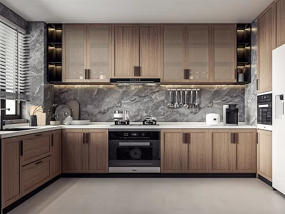 Modern Kitchen Interior Design Featuring Wooden Cabinets Marble Countertops And Integrated Appliances 3d model