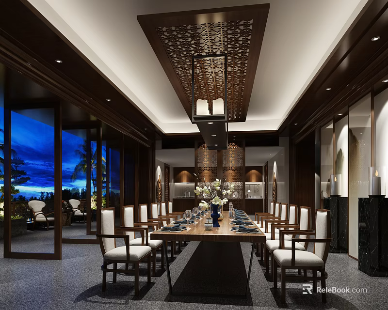 Dark Wooden Living Room Interior With Long Dining Table White Chairs And Chandelier 3d model 