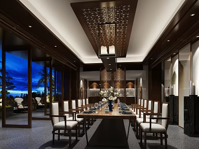 Dark Wooden Living Room Interior With Long Dining Table White Chairs And Chandelier 3d model