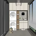 Home Balcony Laundry Space With Stacked Washer Dryer Storage Cabinets Window Blinds And Small Plants