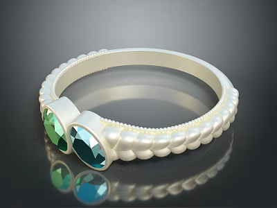 Elegant White Metal Bracelet With Pearl Decorations And Green Blue Gemstones 3d model