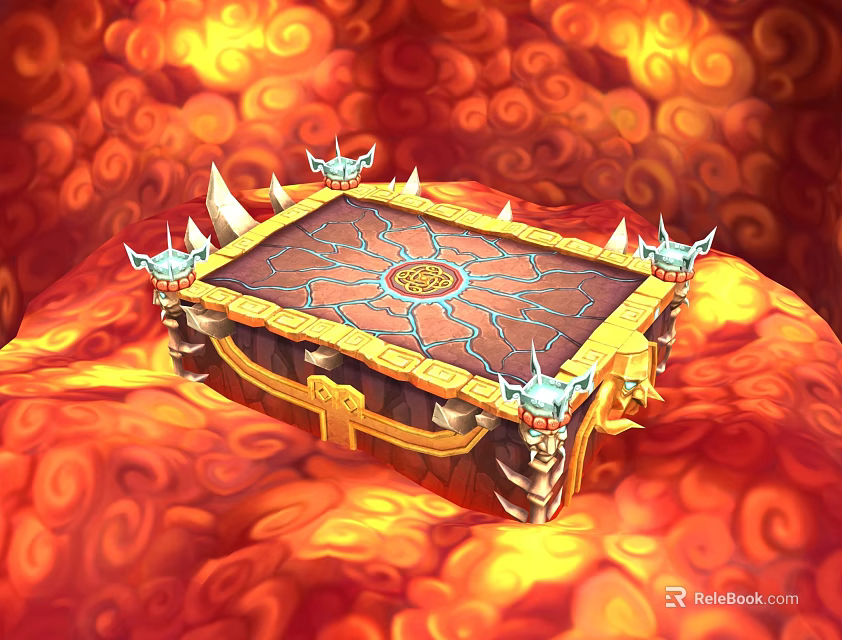Cartoon Treasure Chest With Golden Decorations And Blue Horned Ornaments On Red Orange Spiral Background 3d model 