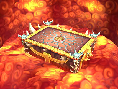 Cartoon Treasure Chest With Golden Decorations And Blue Horned Ornaments On Red Orange Spiral Background 3d model