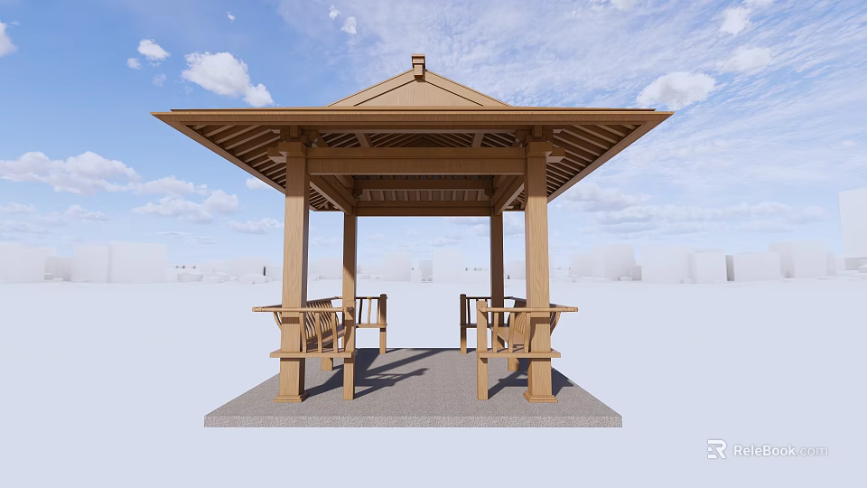 Wooden Garden Pavilion Featuring Four-Sided Roof and Benches Under Blue Sky White Clouds 3d model 