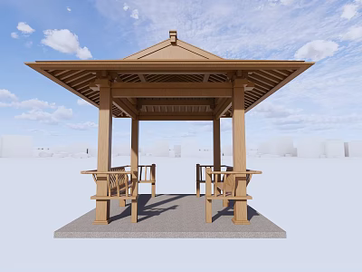 Wooden Garden Pavilion Featuring Four-Sided Roof and Benches Under Blue Sky White Clouds 3d model