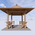 Wooden Garden Pavilion Featuring Four-Sided Roof and Benches Under Blue Sky White Clouds