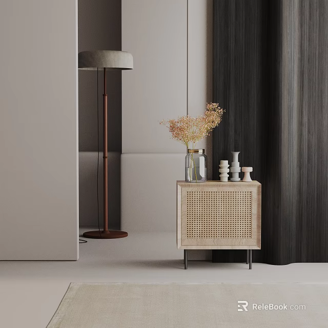 Modern Light Wood Side Table With Rattan Design And Decorative Items In Living Room 3d model 