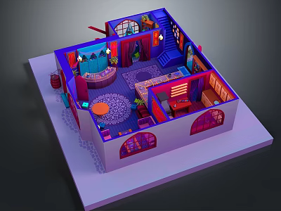 Vibrant Cartoon Room 3D Layout With Colorful Furniture Sofa Table And Stained Glass Arched Windows 3d model