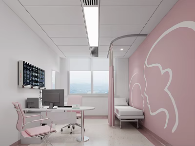 Medical Examination Room Interior With Pink Walls Female Baby Silhouettes Bed And Computer 3d model