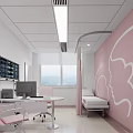 Medical Examination Room Interior With Pink Walls Female Baby Silhouettes Bed And Computer