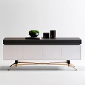 Modern TV Stand With Gold Frame Black Top White Drawers Red Flowers And Decorations