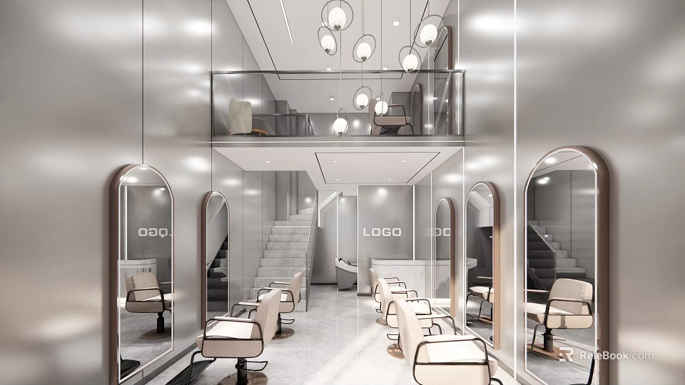 Modern Hair Salon Interior Design With Mirrors Chairs Staircase And Pendant Lights 3d model 