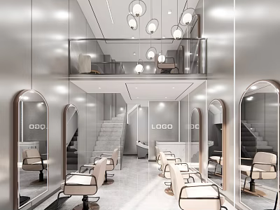 Modern Hair Salon Interior Design With Mirrors Chairs Staircase And Pendant Lights 3d model