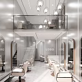Modern Hair Salon Interior Design With Mirrors Chairs Staircase And Pendant Lights
