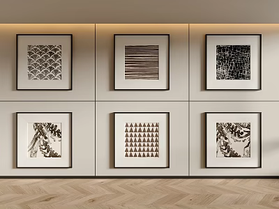 Six Black And White Framed Artworks On Wall With Herringbone Wooden Floor 3d model