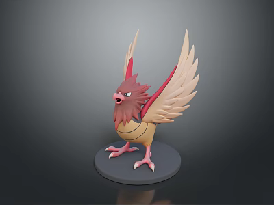 Detailed 3D Flying Creature with Red Beige Feathers Outstretched Wings on Black Base 3d model