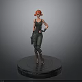 3D Character Model With Red Hair Tank Top Cargo Pants And Gun On Circular Base