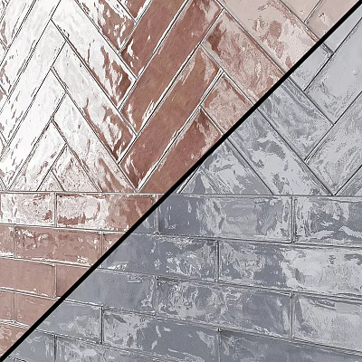 Reddish Brown and Silver Gray Herringbone Floor Tiles with Glossy Ceramic Finish 3d model